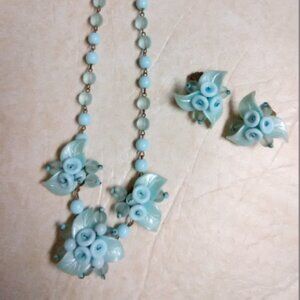 Vintage GERMANY signed necklace and earrings blue leaves
